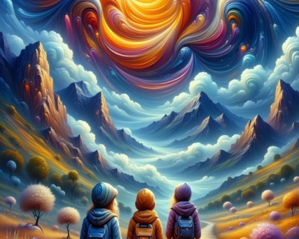 Figures on a Winding Path in a Vibrant Landscape