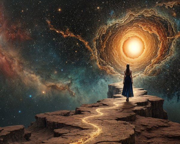 Figure in Blue Dress on Cosmic Pathway to Vortex