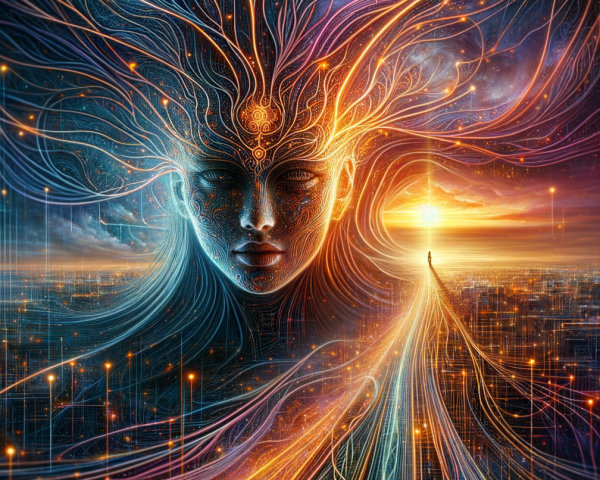 Surreal Face Amidst Vibrant Lines and Cosmic Background