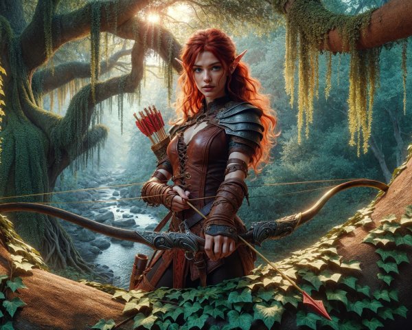 Fierce elf warrior in enchanted forest setting