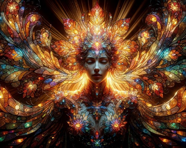 Fantastical figure with stained glass patterns and colors