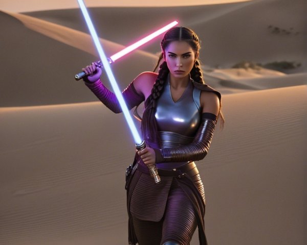 Warrior with Lightsabers in Desert at Sunset