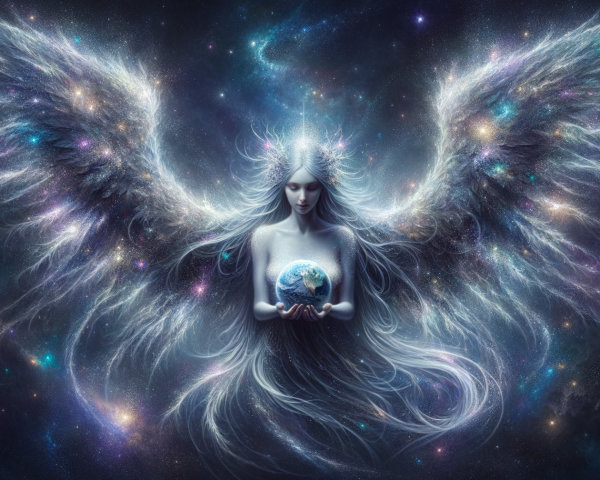 Celestial Figure Holding Luminous Earth in Starry Universe
