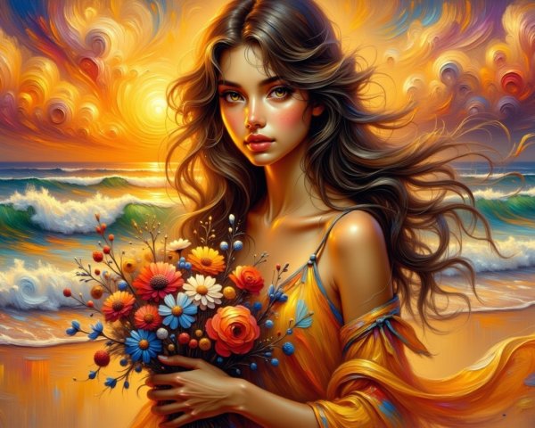 Young woman in orange dress at beach sunset