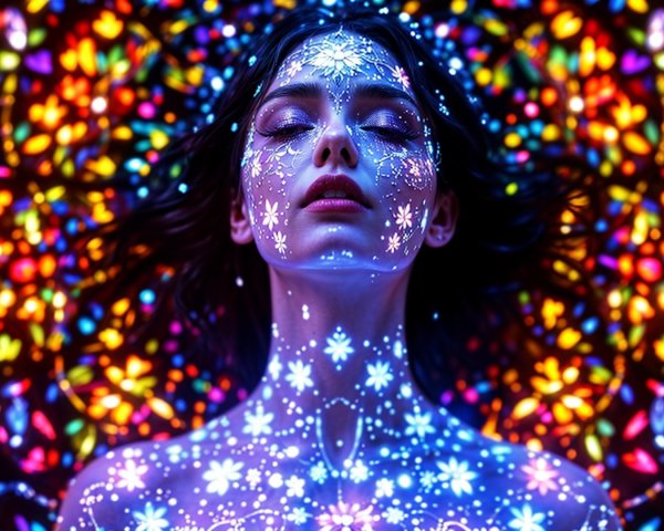 Woman with Floral Face Paint on Colorful Background