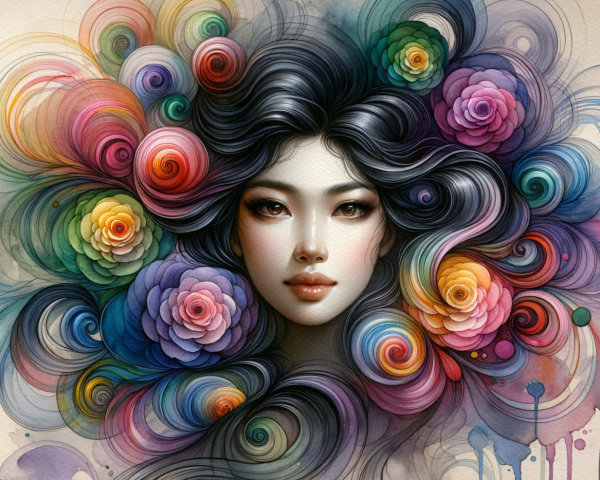 Serene Portrait of a Woman with Roses and Colorful Swirls
