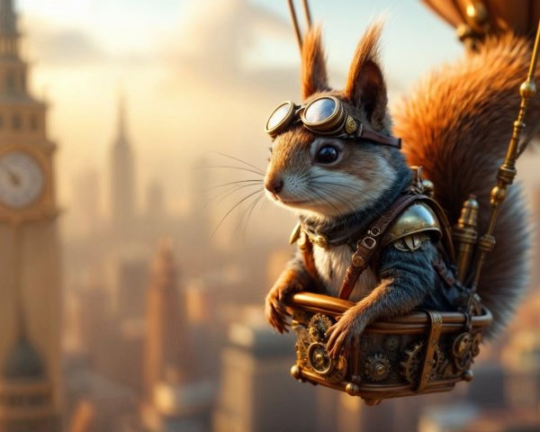 Squirrel in Steampunk Balloon Over City Skyline