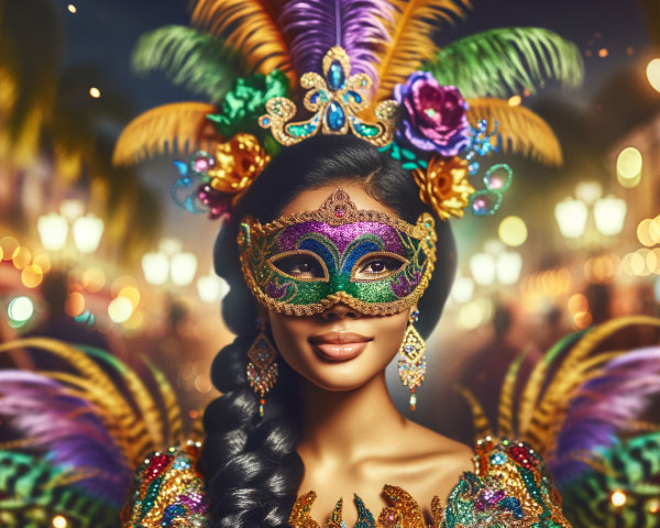Vibrant Carnival Scene with Colorful Masquerade Costume