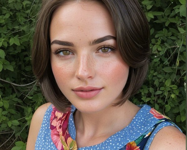 Young Woman in Floral Dress Against Green Backdrop