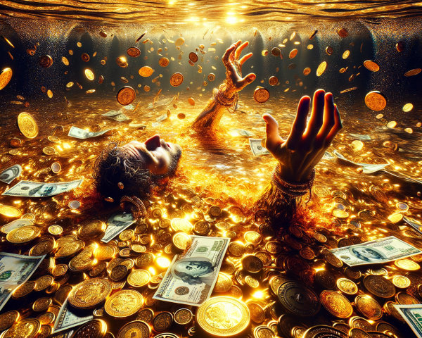 Underwater Scene of Figure Surrounded by Gold Coins