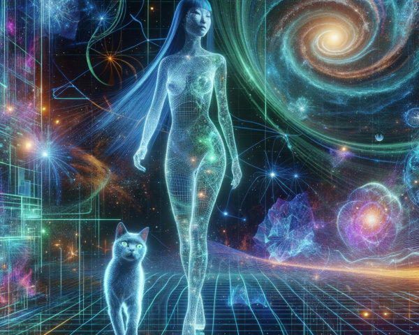 Futuristic Holographic Woman in Cosmic Landscape