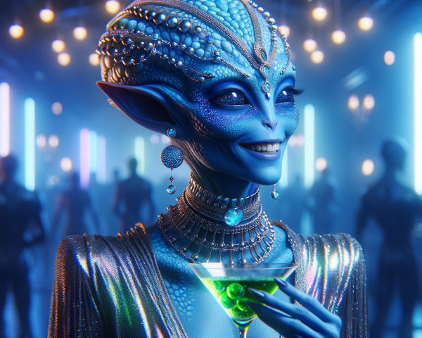 Elegant Blue Alien in Futuristic Bar Setting
