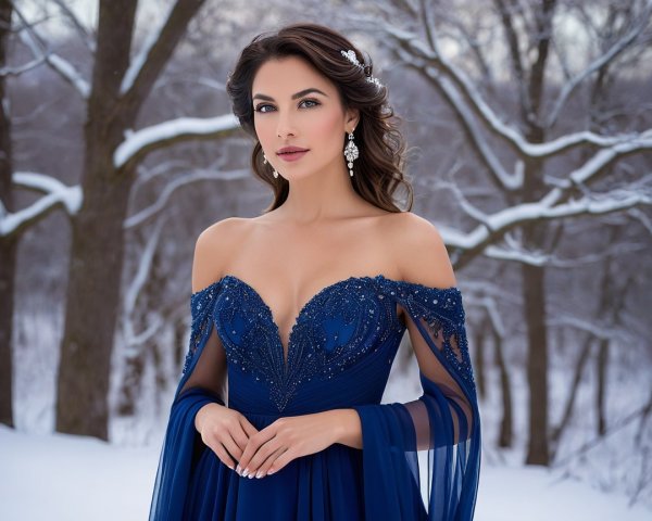 Elegant Woman in Blue Off-Shoulder Gown in Snow