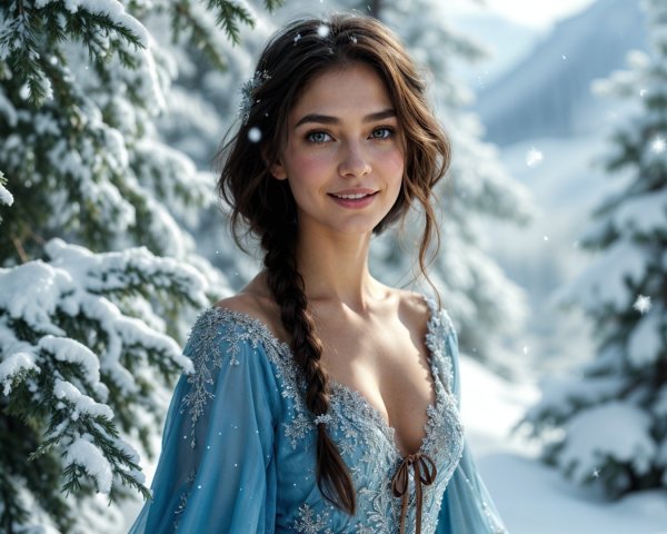 Young Woman in Light Blue Gown in Snowy Landscape