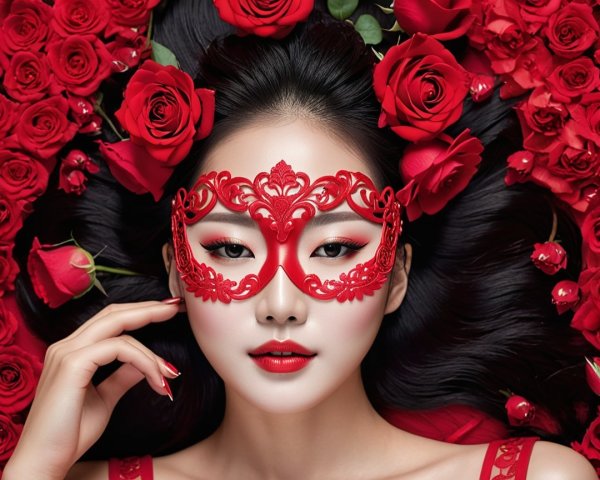 Woman in red mask among lush red roses