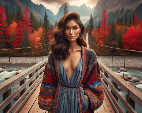 Woman on Bridge Amidst Autumn Landscape and Mountains