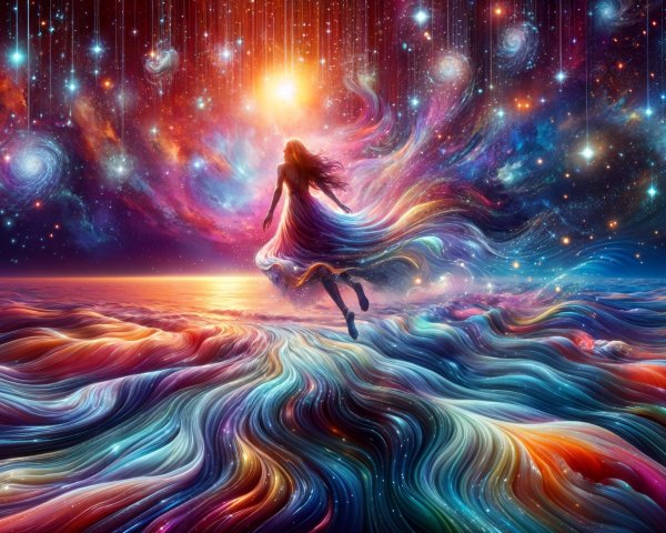 Surreal Landscape with Floating Woman and Colorful Sea