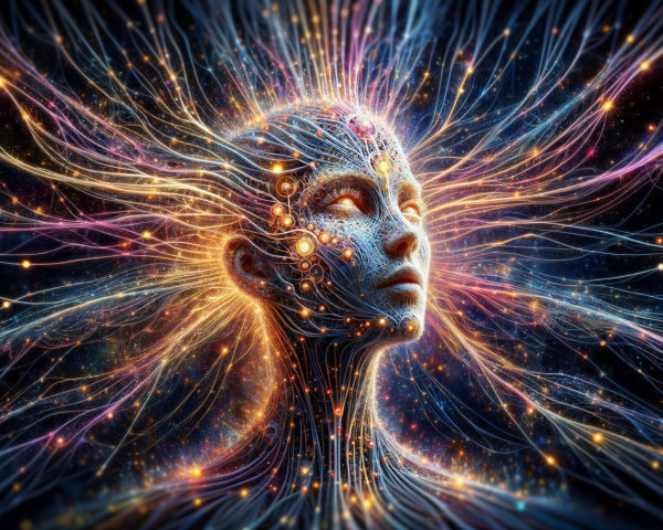 Futuristic figure with cosmic energy and light patterns