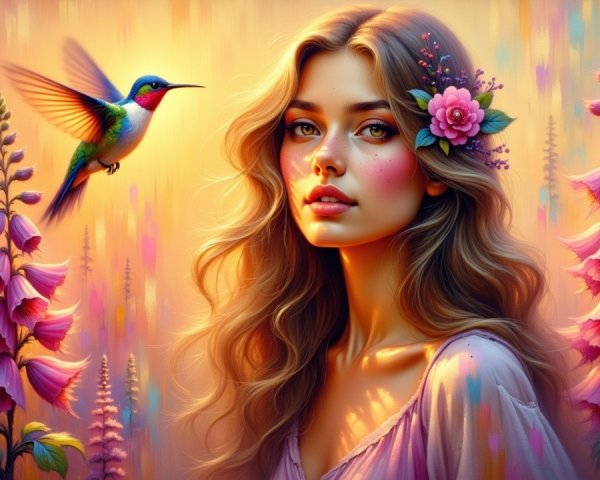 Young woman with flowers and hummingbird in nature