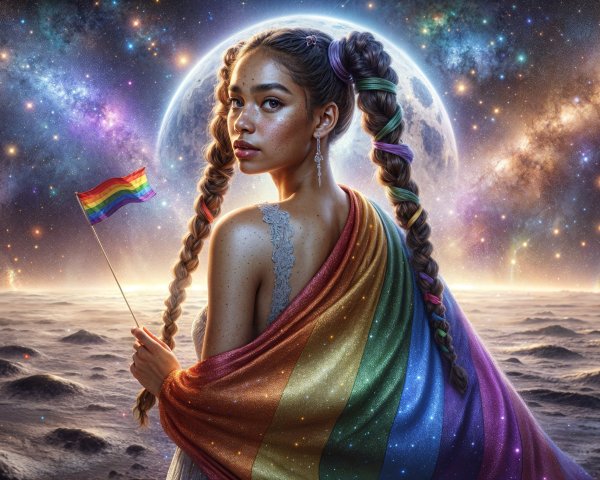 Young Woman with Rainbow Flag in Cosmic Setting