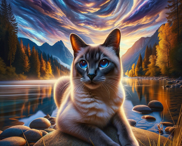 Siamese Cat by Riverbank Under Vibrant Sky