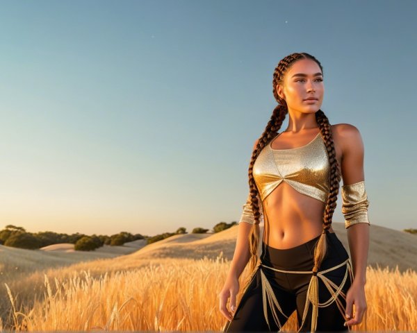 Model in Golden Crop Top and Black Leggings at Sunset