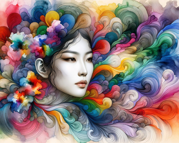 Serene Woman's Face in Colorful Abstract Patterns