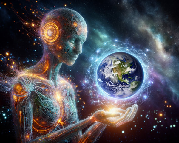 Ethereal Figure Holding Earth in Cosmic Galaxy Setting
