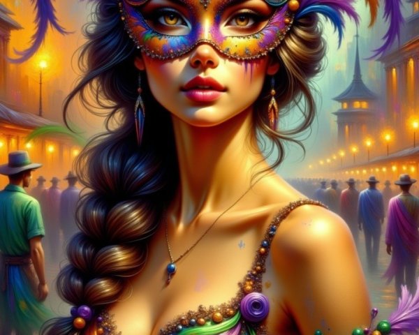 Elaborate Masquerade Costume with Colorful Feathers