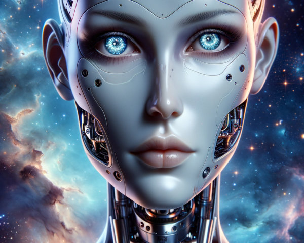 Futuristic humanoid robot in cosmic star backdrop