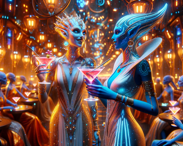 Futuristic Lounge with Elegant Alien Beings and Cocktails
