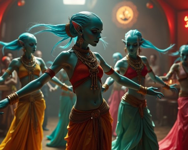 Blue-Skinned Dancers Perform Traditional Dance in Neon Venue