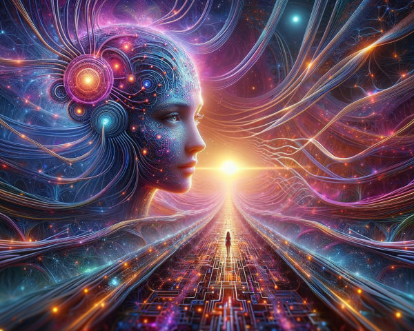 Surreal Futuristic Landscape with Ethereal Head and Sunrise