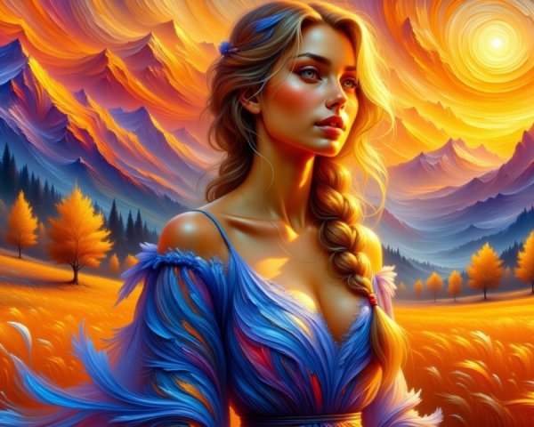 Young woman in vibrant landscape at sunset