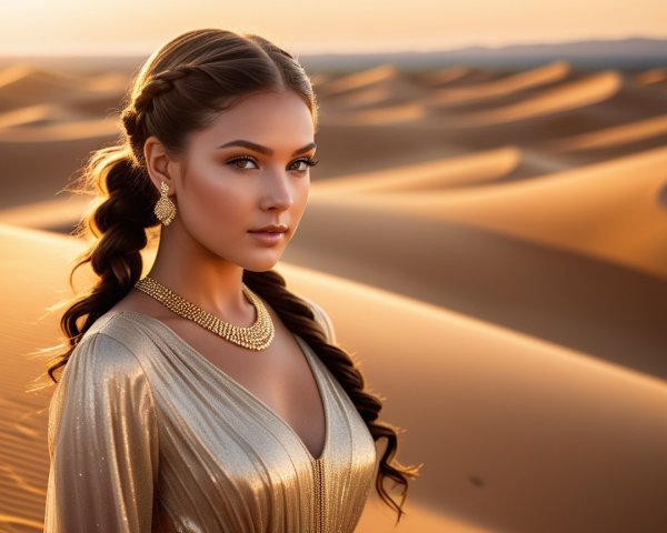 Young Woman in Elegant Gown in Desert at Sunset