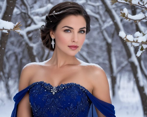 Elegant Woman in Snowy Landscape with Blue Gown