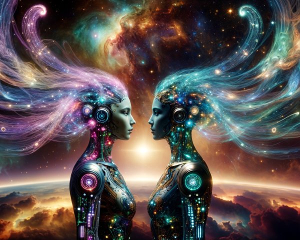 Humanoid Figures with Galactic Heads in Cosmic Landscape