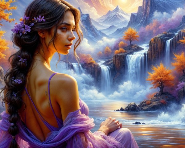 Serene scene of a woman by a tranquil lake