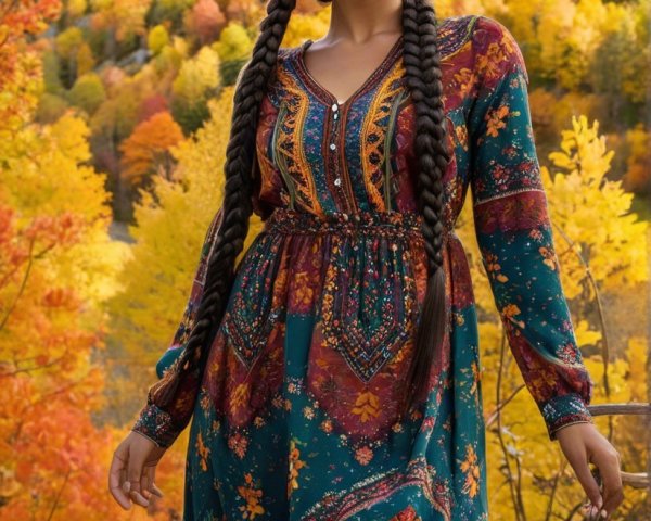 Woman in Colorful Dress Amidst Autumn Foliage