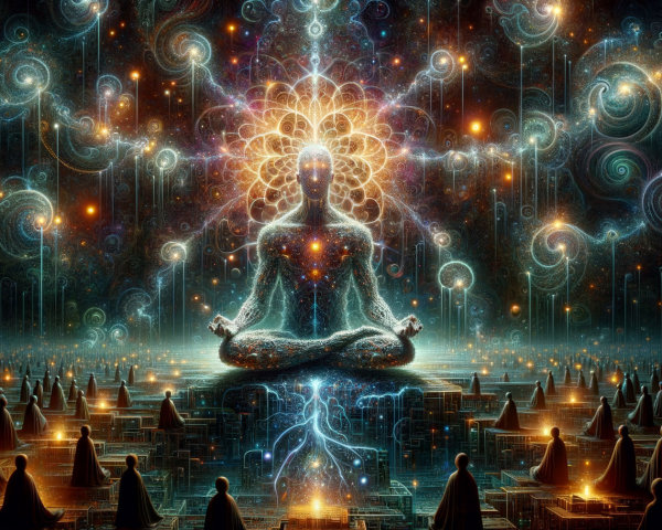 Meditative Figure Amidst Cosmic Vibrancy and Light