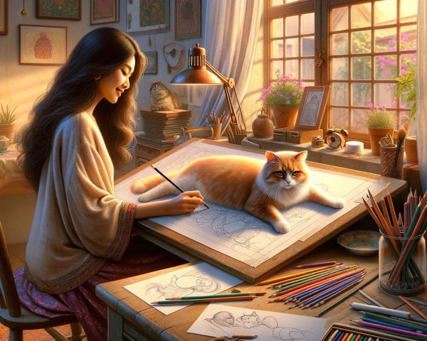 Cozy art studio with a woman drawing and a cat