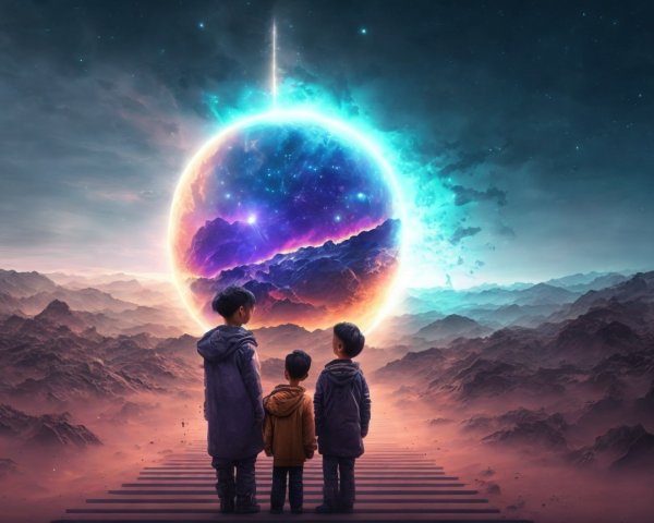 Children on Staircase in Surreal Celestial Landscape
