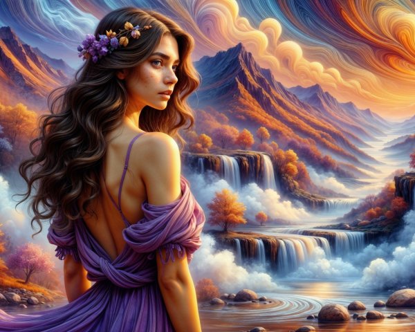 Young woman in purple dress against vibrant sunset landscape