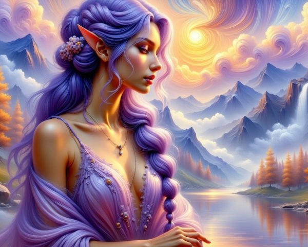 Elegant Elf by a Tranquil Lake at Sunset