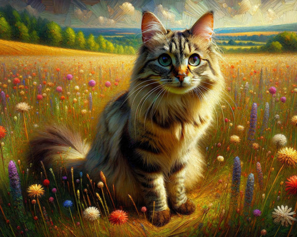 Majestic Cat in Colorful Wildflower Field Scene