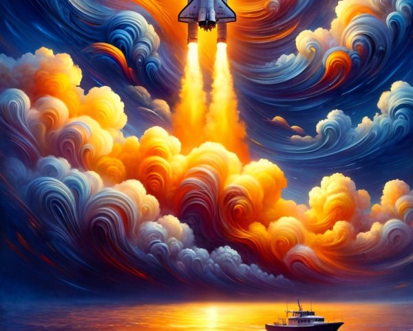 Rocket Launch Over Colorful Sky and Calm Ocean