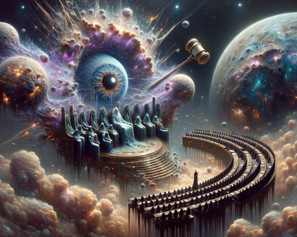 Surreal Cosmic Assembly in Otherworldly Chamber