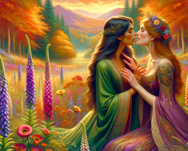 Elegant Women Embracing in Enchanted Landscape