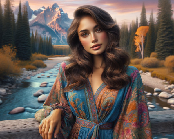 Woman by River in Colorful Robe Amidst Mountains
