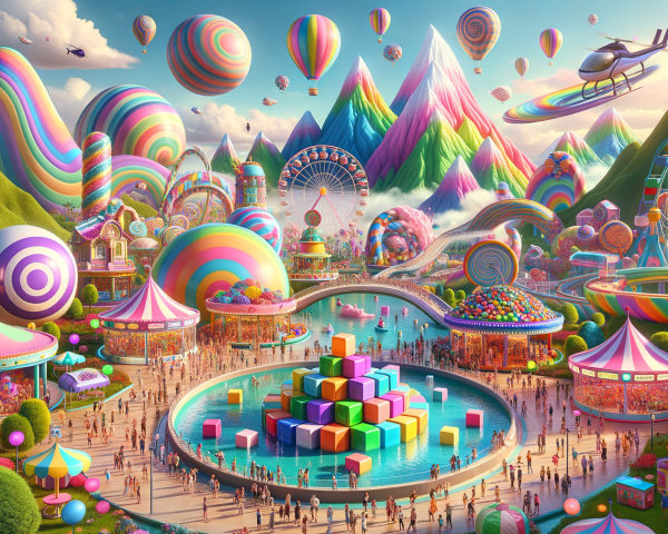 Vibrant Amusement Park with Colorful Mountains and Hills